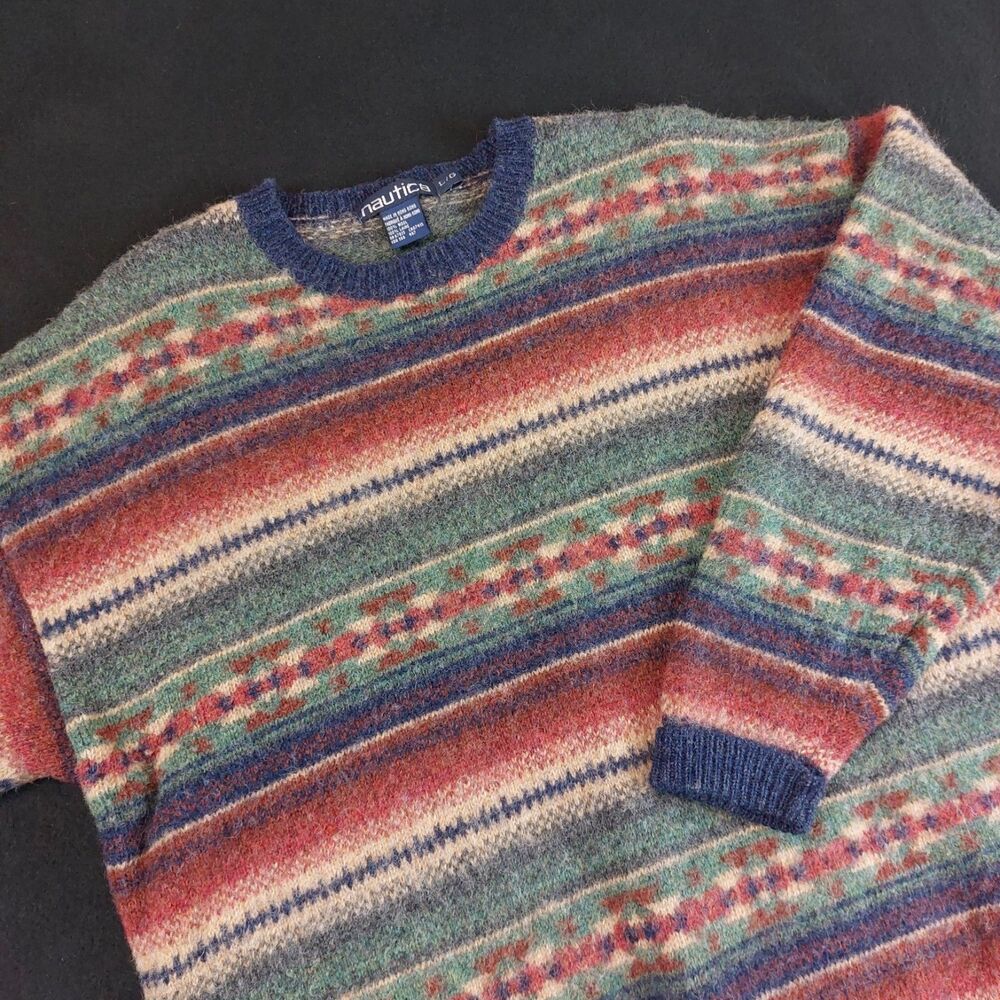 Vintage Nautica Crewneck Sweater Men's Large Blue Multi Aztec 100% Wool 90's